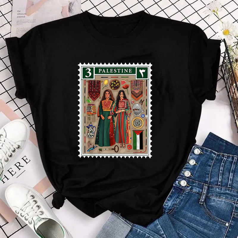 Harajuku Palestine Stamp Retro Plus Size T-shirt Women Vinta
