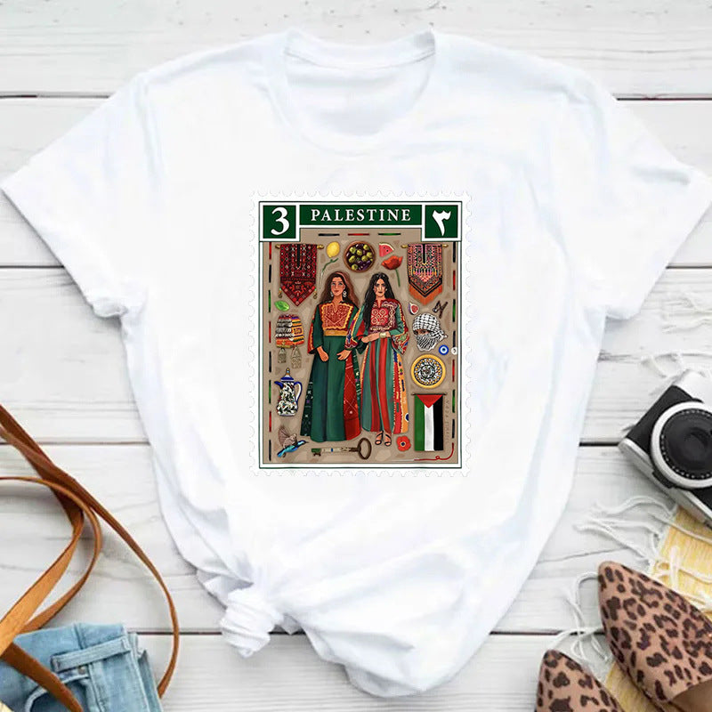 Harajuku Palestine Stamp Retro Plus Size T-shirt Women Vinta